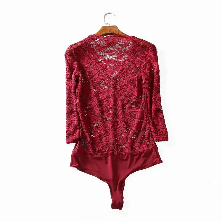 النساء السيدات Clubwear الخامس الرقبة Playsuit Bodycon Bodysuit طويلة الأكمام الدانتيل شفاف بودسوت/ بدلة الجسم المصنوعة من الدانتيل الربيع الصيف وزرة السرو...