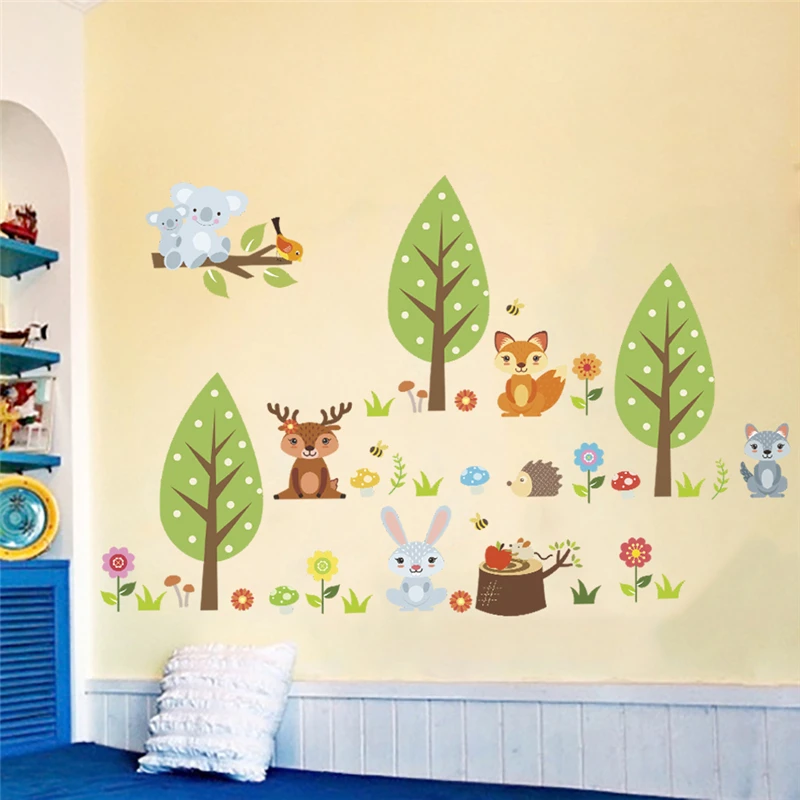 Джунгли дикий цветок кролик олень дерево настенные наклейки для детской комнаты домашний декор мультфильм наклейки на стену в виде животных ПВХ Фреска Искусство diy плакат
