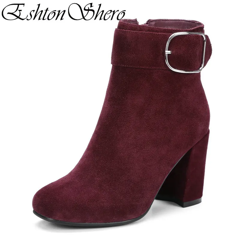 

EshtonShero Shoes Woman Ankle Boots Kid Suede High Heel Fashion Pointed Toe Winter Buckle Ladies Motorcycle Boots Size 34-39