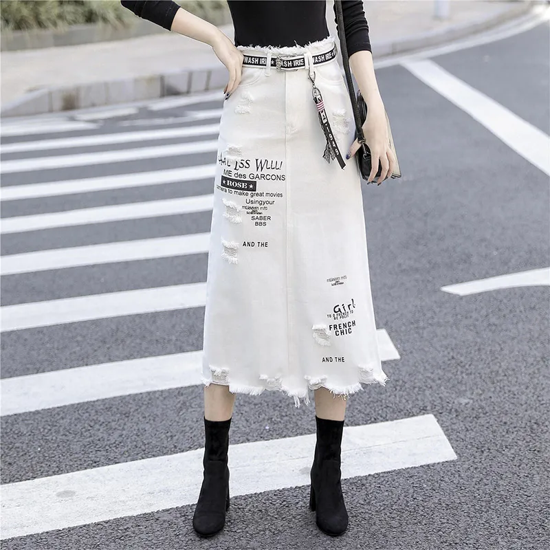 

Women's Hole Denim Skirt High Waist Plus Size Long Skirts 2019 Fashion Letter Print Autumn Casual White Jeans Clothing Female