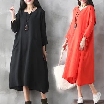 

2019 Spring Women's Bohemian Maxi Dresses Retro Cotton Linen Long Sleeve Clothes Solid O Neck Pockets Loose Female Dresses
