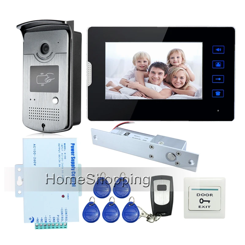 

New 7" Touch Screen Video Door Phone Intercom Kit + 1 RFID Access Bell Camera + 1 Monitor + Drop Bolt Door Lock Free Shipping