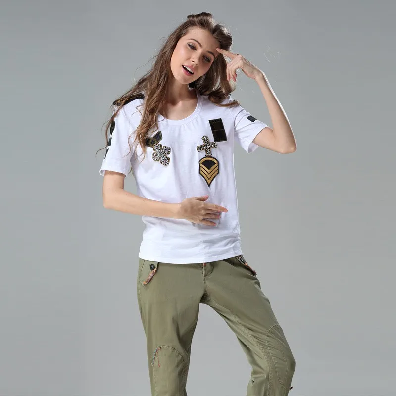 Высококачественная хлопковая модная летняя футболка с коротким рукавом, Женская/мужская футболка с вышитым бисером значком, футболки Harajuku