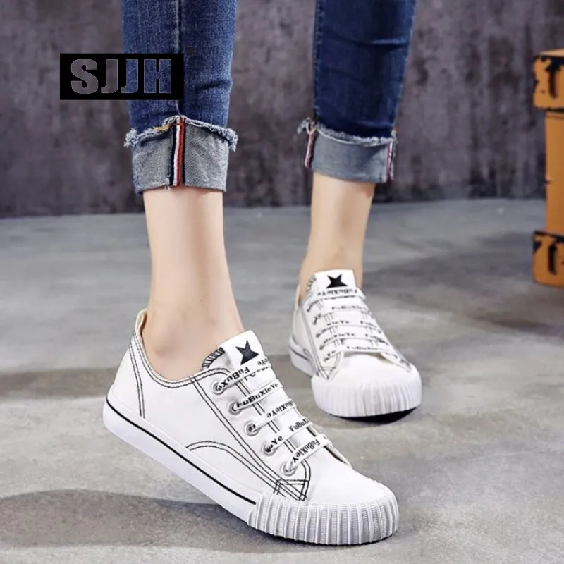 SJJH Women Canvas Skateboarding Shoes Comfortable Sneakers Vulcanize Casual Chaussure Lace-up Ladies Trainers Footwear D224