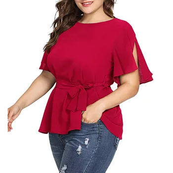 

Chiffon Blouse Women Solid Plus Size 5XL Short Sleeve Shirt Belted Knot Blouses Summer Women Tops Blusas Mujer De Moda