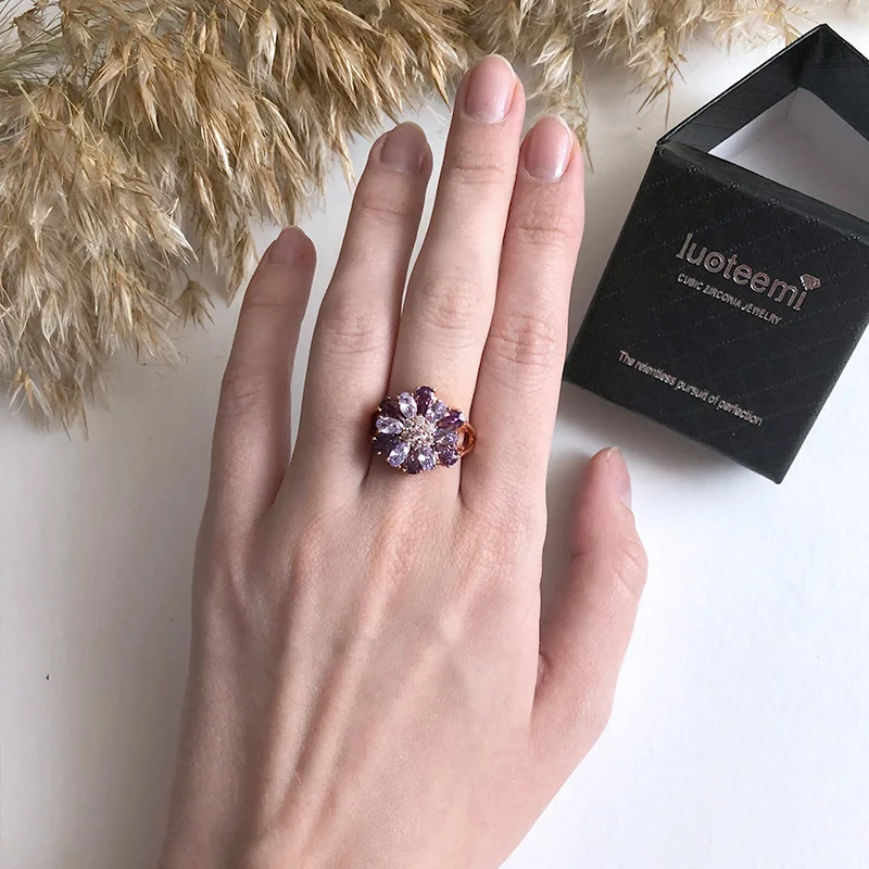 Luoteemi Фирменная Новинка заявление люкс большой цветок CZ палец Кольца Champagne Gold Цвет