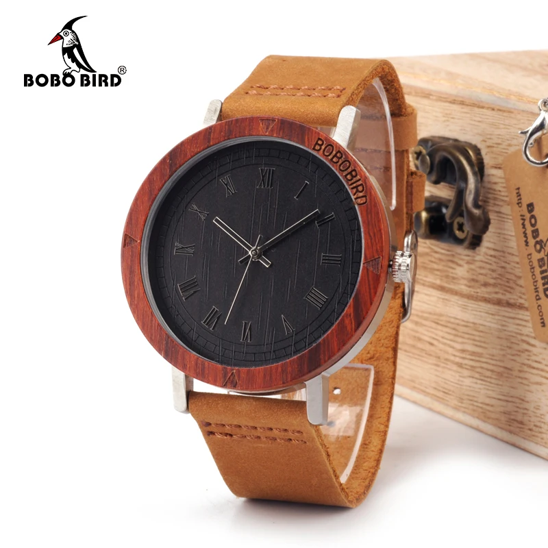 BOBO BIRD WK06 Classic Red Sandalwood&Steel Watch Rome Number Dial Face Soft Leather Strap Mens Watch As Gift Accept OEM Relogio