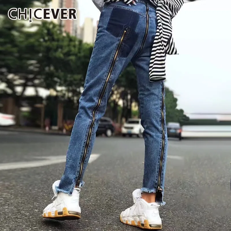 

CHICEVER Streetwear Zipper Jeans For Women Patchwork High Waist Large Size Long Irregular Pants Female Summer Fashion Clothing
