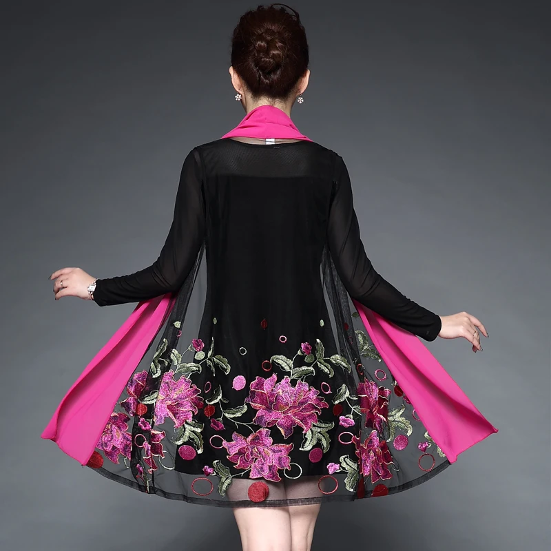 Женское Повседневное платье с вышитыми цветами для среднего возраста, летнее осеннее платье из двух частей, черные вечерние платья Vestidos размера плюс 6XL - Цвет: 830 rose