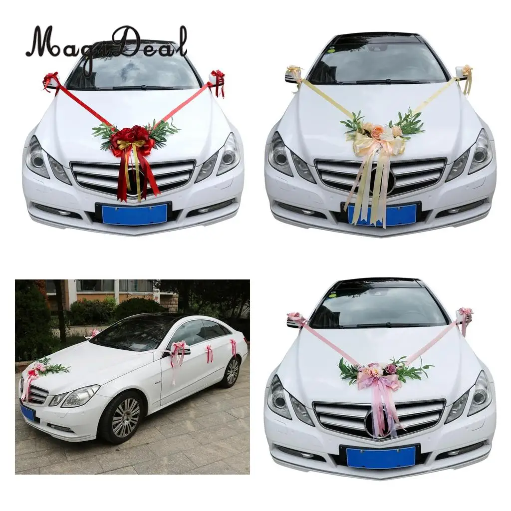 

9pcs Wedding Car Decorations Kit Artificial Silk Flower Ribbon and Bows Ties Set Limousine Car Roof Door Mirror Decor