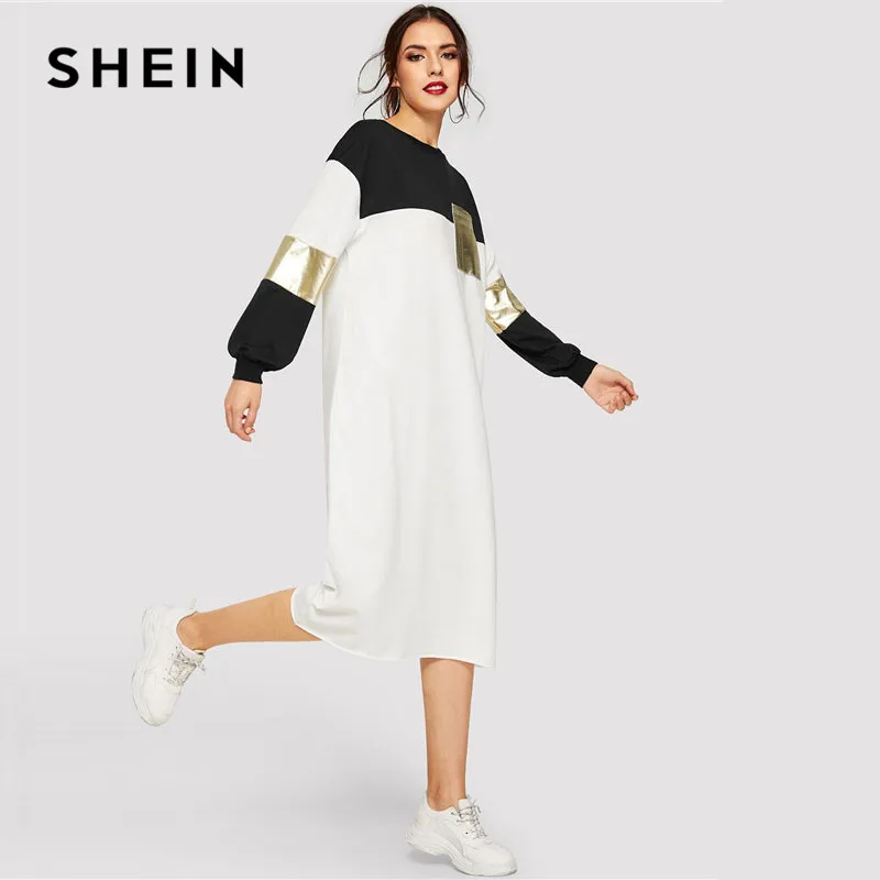 SHEIN Контрастное Разноцветное Платье С Карманом Женские Осенние Повседневные Платья С Длинным Рукавом