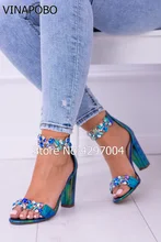 VINAPOBO Women Ankle Strap Sandals Thick Heel Rhinestone Sandals Lady High Heels Crystal Sandals Wedding Shoes Woman Heels Pumps цена VINAPOBO Women Ankle Strap Sandals Thick Heel Rhinestone Sandals Lady High Heels Crystal Sandals Wedding Shoes Woman Heels Pumps цены онлайн