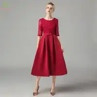SSYFashion New Mother of The Brides Dresses Banquet Elegant Burgundy Lace Satin Half Sleeve Tea-length Evening Party Formal Gown