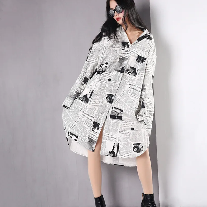 

LANMREM 2019 Spring Summer Women Irregular Dollars Newspaper Print Dress Long Lseeve Casual Female Loose Clothes QC87601/JF00800