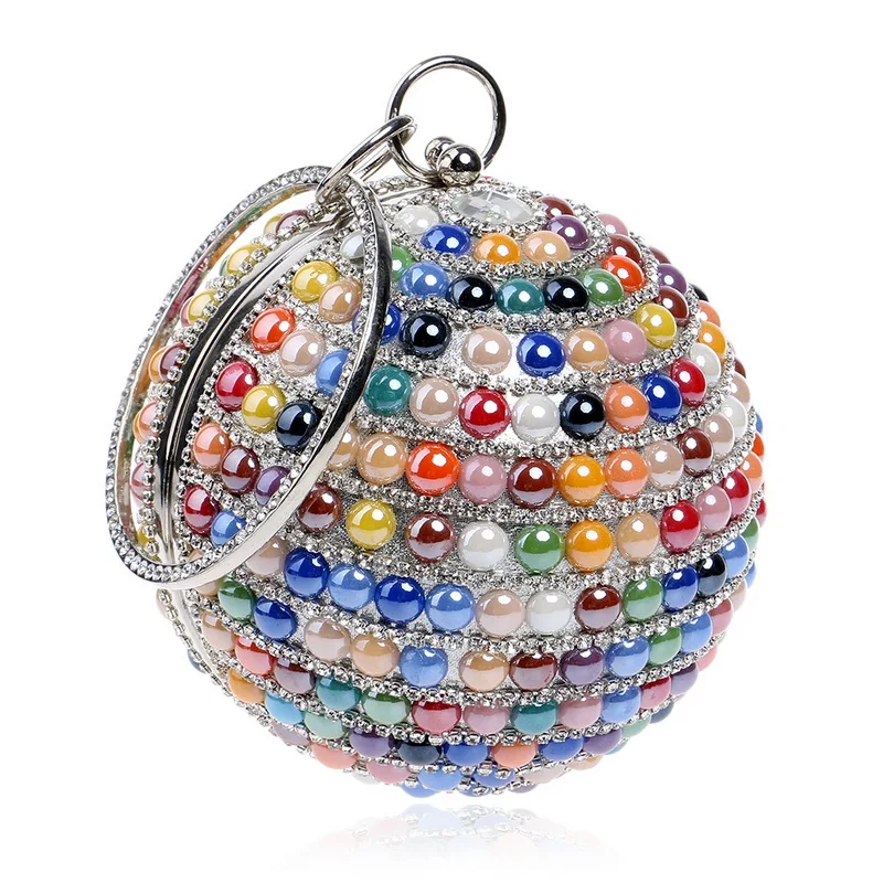 

Ceramics Mixed Color Women Handbags With Handle Metal Diamonds Evening Bags Beaded Round Design Party Dinner Bags bolso mujer A3