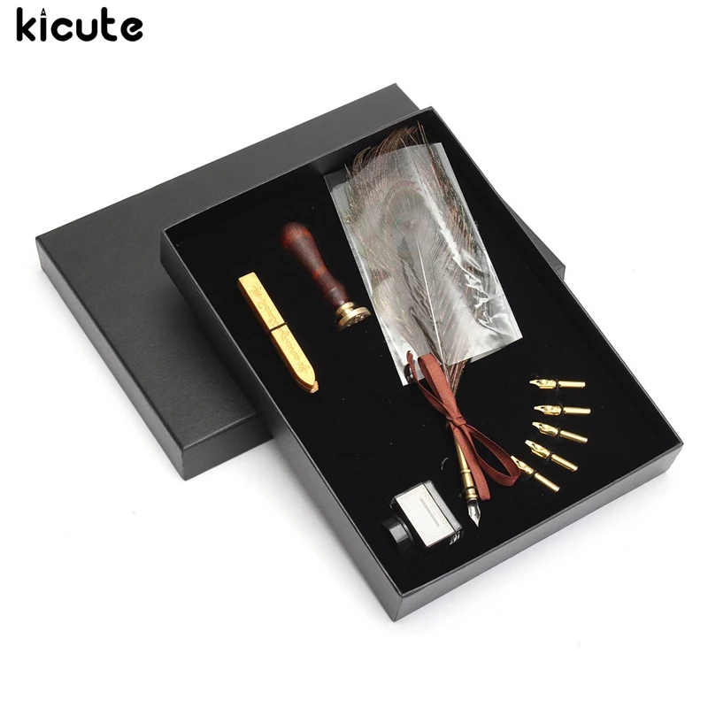 

Kicute Vintage Peacock Feather Quill Dip Pen Writing Ink Fountain Pens With 5 pcs Pen tips Bottle Wax Seal Set School Supplies