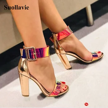 

Fashion Square Heels Gladiator Sandals Women Round Toe Buckle PU Leather Peep Toe Sandals Gold Shoes Women Luxury Ladies Sandals