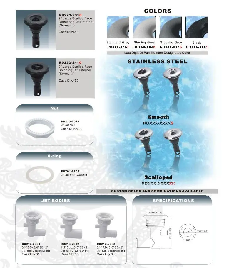 2 inch RD223-2410 spa jets with large scallop face spinning jet internal avaiable 1004