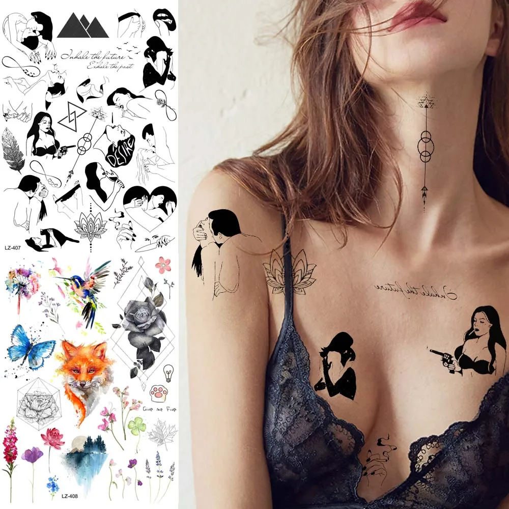 

YURAN Women Sexy Geometry Rose Temporary Tattoo Watercolor Fox Birds Flower Waterproof Fake Tatoos Body Arm Tattoo Stickers