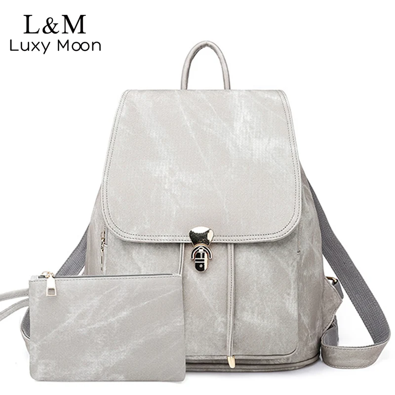 

Women's Backpacks High Quality PU Leather Backpack Female Solid School Bags For Girl Vintage Mochilas 2Pc Casual Rucksack XA506H