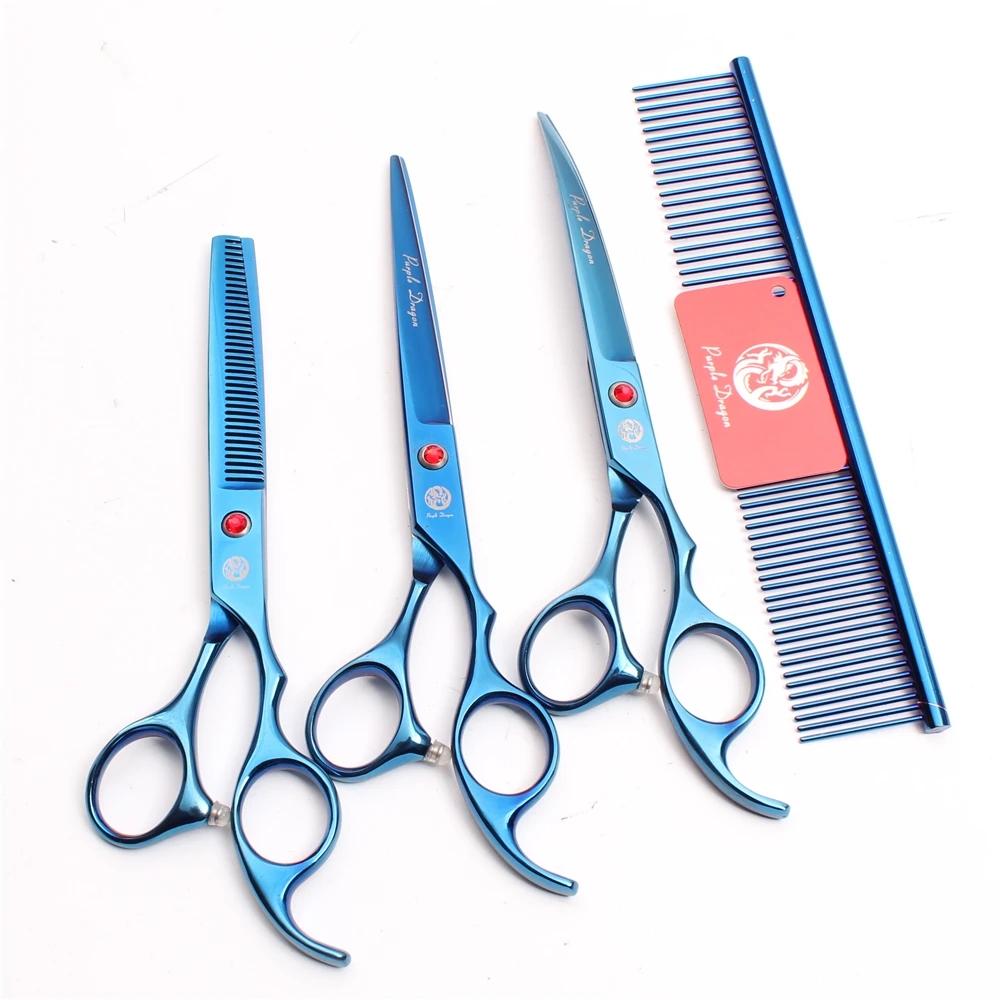 

Z3003 4Pcs 7'' Blue Steel Comb + Cutting Shears + Thinning Scissors + Down Curving Shears Professional Pets Hair Scissors Suit