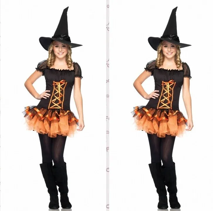Новое взрослых женские пикантные Хэллоуин вечерние костюмы ведьм Экипировка Необычные Длинные платья с шляпа L-2XL