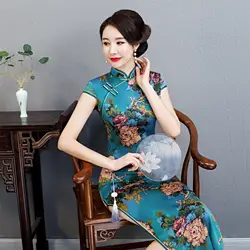 Синее китайское традиционное женское атласное платье Cheongsam с цветочным принтом; большие размеры 3XL 4XL 5XL; летнее классическое сексуальное