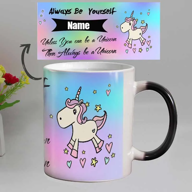 

DIY Photo Unicorn Color Changing Coffee Mug custom your Name on Magic ceramic Tea cup best gift for friends
