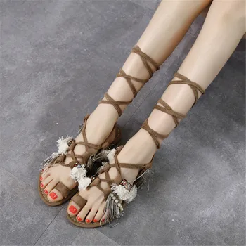 

Women's summer sandy beach ethnic Bohemian style gladiator black khaki pearls tassel fringe cross tied strap lace-up sandals F28