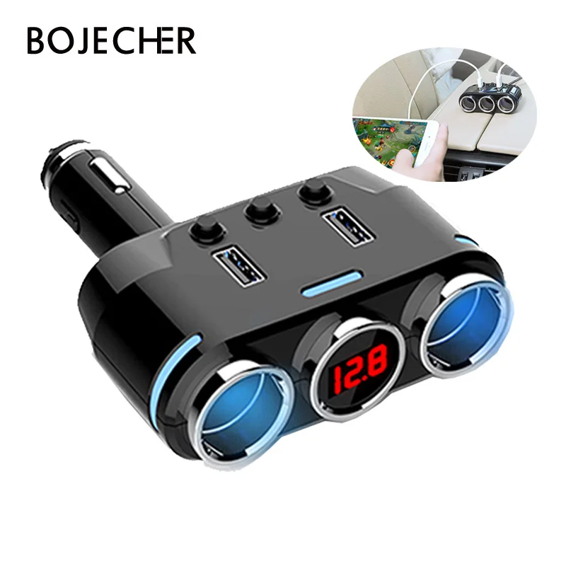 

car Cigarette Splitter Socket with LED Digital Voltmeter Meter Monitor USB fast charging Plug cigarette adapter