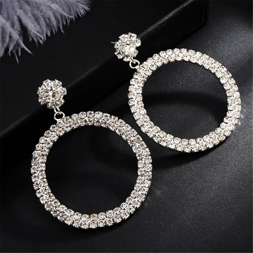 

ECODAY Rhinestone Big Hoop Earrings Silver Color Statement Earrings for Women Pendientes Mujer Women Accessories Brincos
