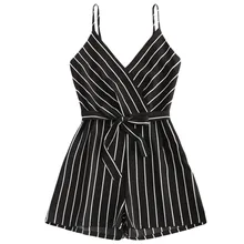 womens jumpsuit Striped Female Rompers Bow Belt V-Neck short Wide leg Straps Sleeveless Summer Fashion Beach womens jumpsuits