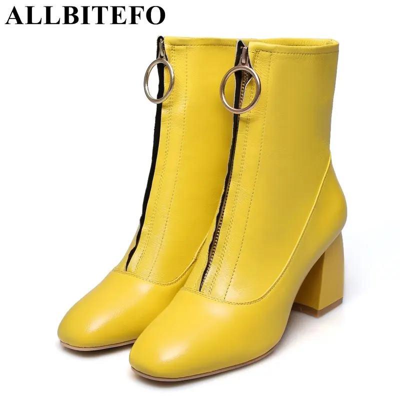 

ALLBITEFO sheepskin square toe high heels women boots brand metal charm thick heel ankle boots winter girls motorcycle boots