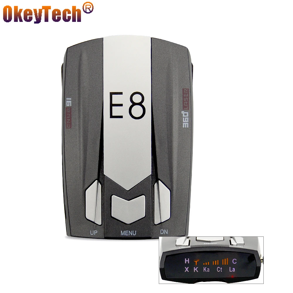melhor E8 Anti Velocidade OkeyTech Auto Laser de Carro Da Polícia 360 Graus Detector de Radar Cão Eletrônico para A Rússia Inglês Aviso Frete Grátis