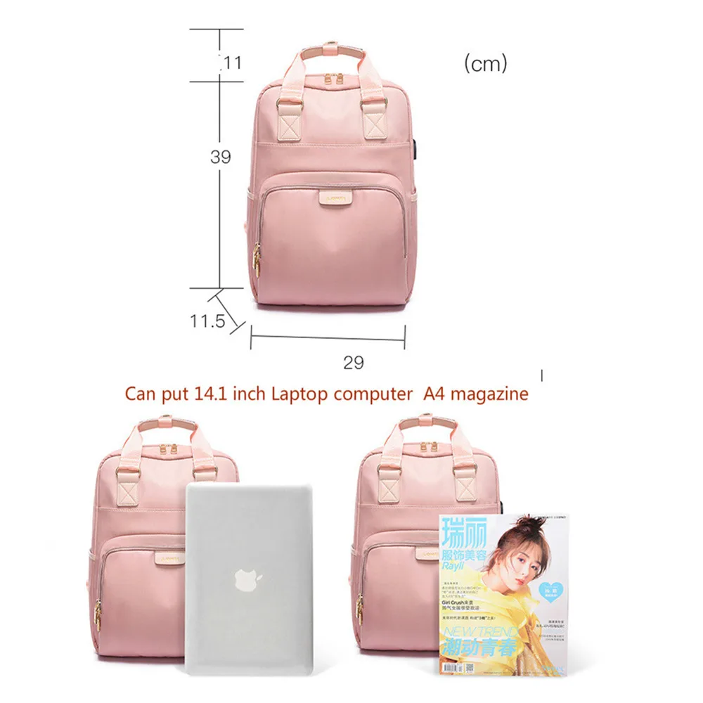 Женский рюкзак с usb зарядкой Розовый водонепроницаемый для компьютера 14 дюймов