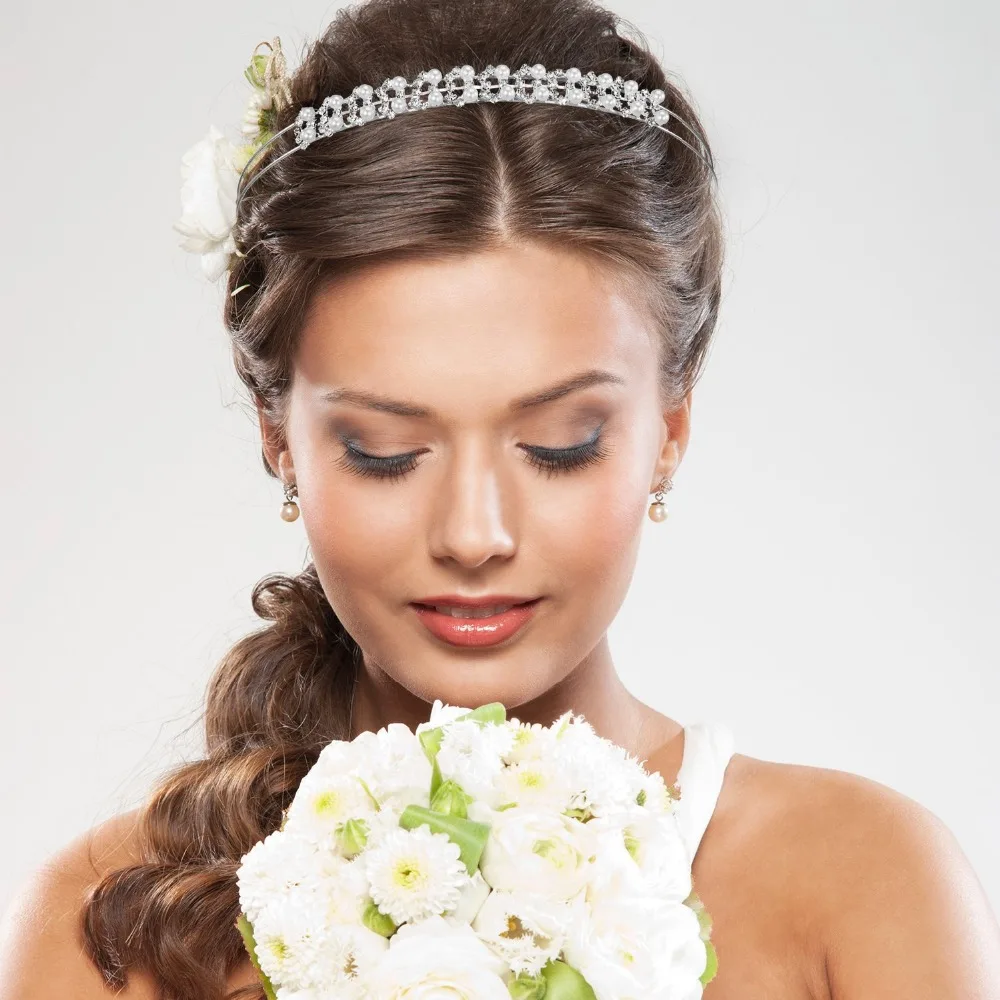 TecUnite 4 Pieces Wedding Party Crystal Flower and Leaves Crown Headband and Women's Faux Pearl Rhinestones Headdress for Bride Bridesmaids (Style Set 1) (3)