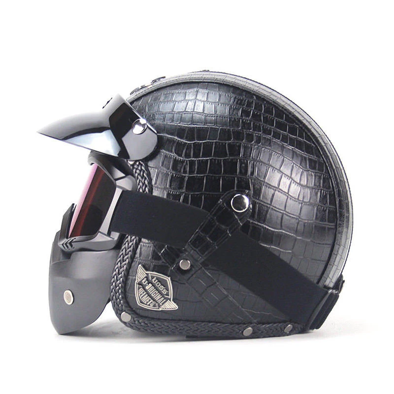 For Motorcycle Helmets 3/4 Open Helmet PU Leather + Goggle Mask Vintage Style XL