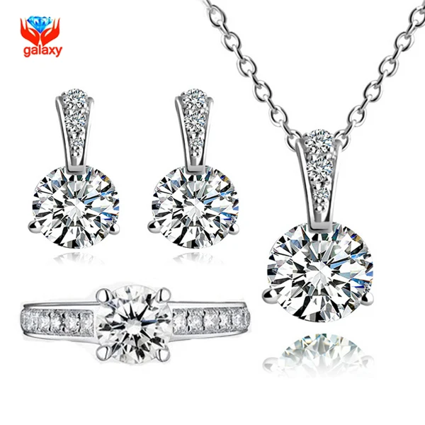 

YHAMNI 925 Sterling Silver Jewelry Sets 6mm 1 Carat CZ Diamant Ring Necklace Earrings Set Bridal Jewelry Sets For Women YS039