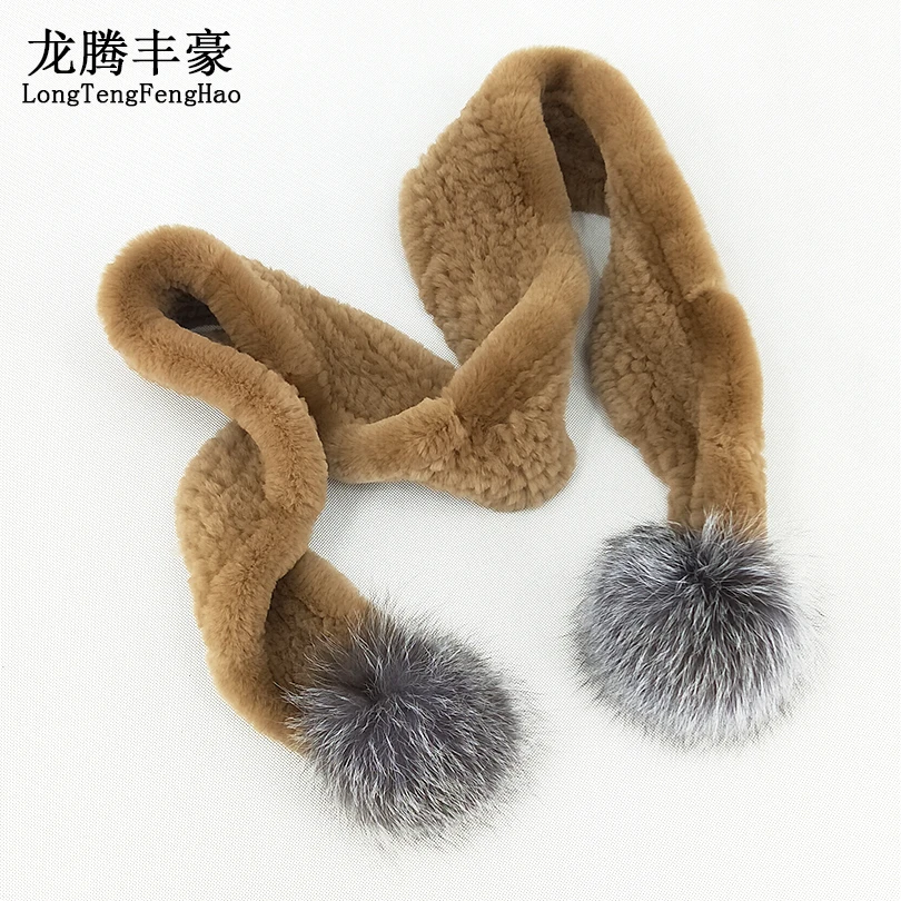 Real Rex Rabbit Fur Winter Scarf 100% Genuine Women Cute Pompom Design Warm Long Female Muffler |