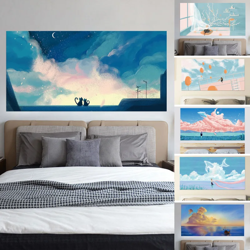 

3D Headboard Sticker Sky Girl River Beach Love Under the Stars Campus Roof Window Cat Home Decoration Paper Mural Paste 90x180cm