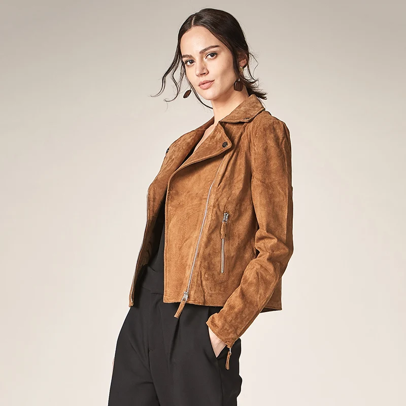 Женская куртка из натуральной кожи на молнии с отложным воротником|fashion jacket