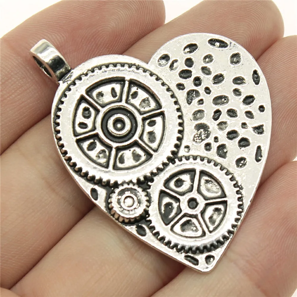 

WYSIWYG 2pcs 48x38mm Antique Silver Color Gear Heart Charm Pendants Heart Gears Charm Big Heart Gears Pendants Charm