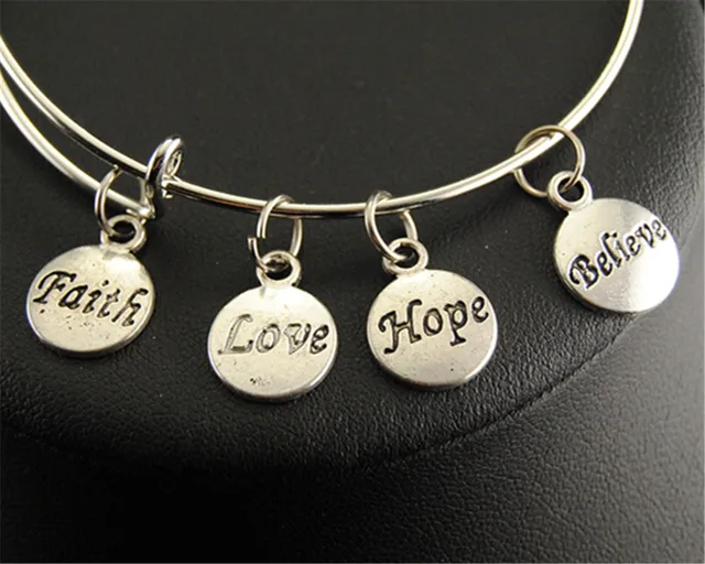 1pc Faith Love Hope Believe Charm Round Bangle Bracelet Family Believe Charm Round Bangle Bracelet