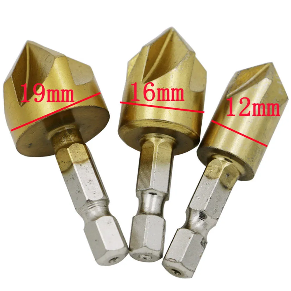 3 Pcs Chamfer Debur Countersink 1/4 Hex 12-16-19mm Titanium Coated Drill Bit Kit AI88 | Инструменты