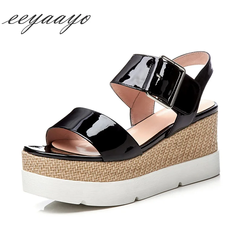 

Genuine leather summer women sandals wedge heel with platform cow leather buckle strap cool casual style light white women shoes