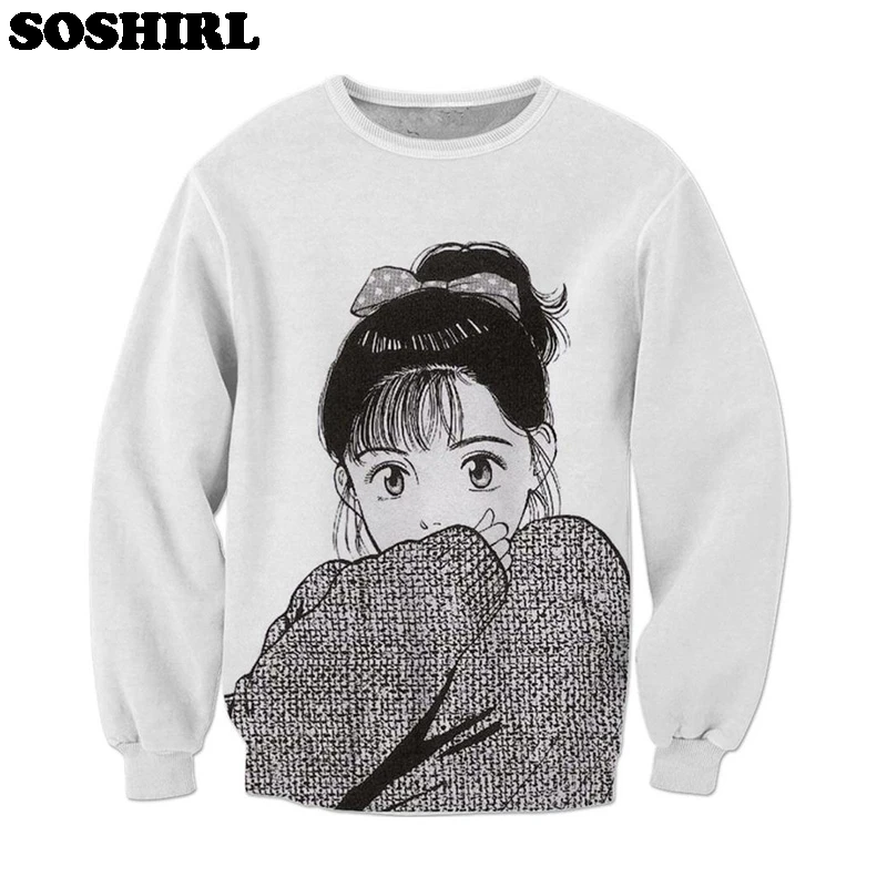 SOSHIRL Lo-fi Mädchen Frauen Sweatshirt Anime Mädchen Print Anzüge Schwarz und Weiß Mode Top Harajuku Hoodies Lustige Streetwear