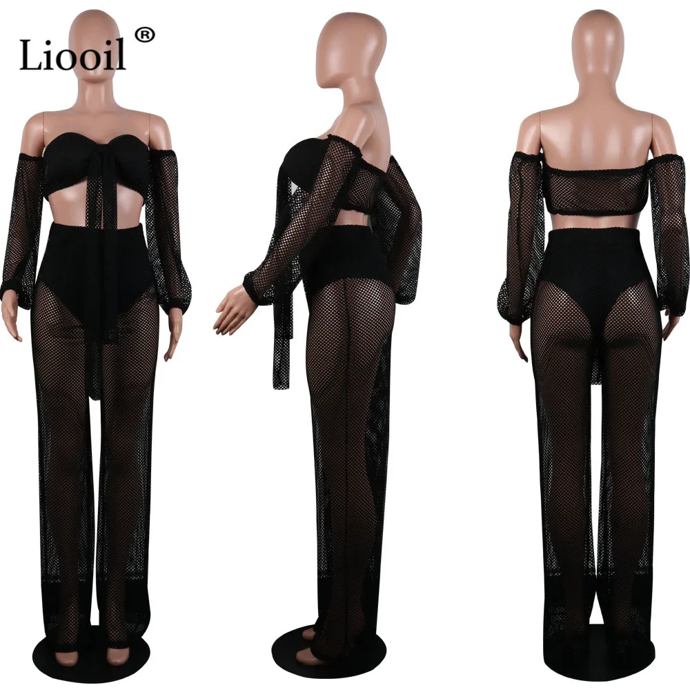 Liooil плюс размеры 2 шт. See Through Комбинезоны для женщин для фонари рукавом выдалбливают Черный Вечерние сексуальный комбинезон s комбинезон