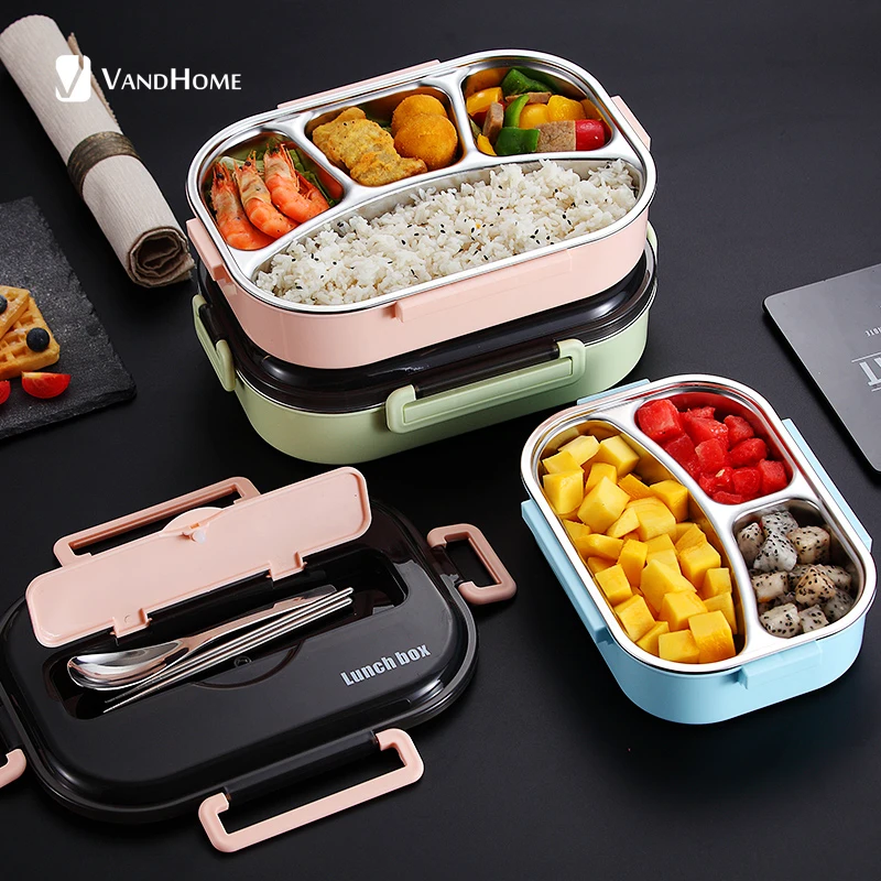 VandHome Japanese Bento Box With Compartments 304 Stainless Steel Lunch Box For Kids Microwave Food Container With Tableware Set