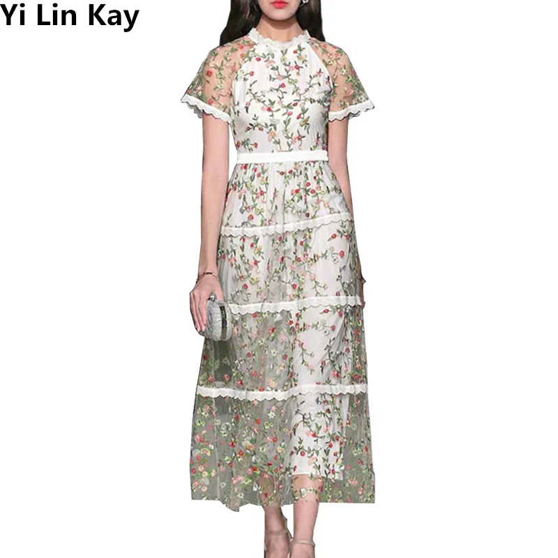 

Yi Lin Kay 2019 High-quality Women Designer Fashion runway dresses Lace retro embroidery long dress Vestido