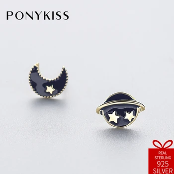 

PONYKISS Romantic Solid S925 Sterling Silver Minimalist Asymmetric Moon Planet Stud Earrings Women Party Anniversary Gift